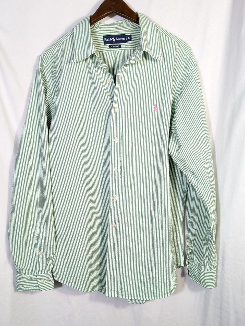 Ralph Lauren Men's Classic Fit Button Down Seersucker White Green Preppy XL